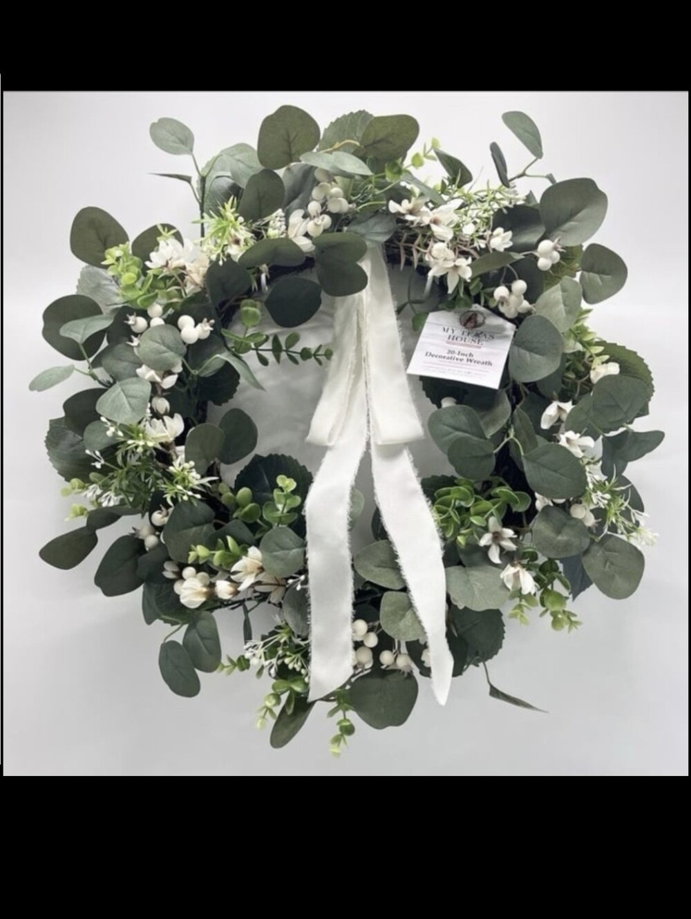 Eucalyptus and White Berry Decorative Wreath with Ivory Ribbon